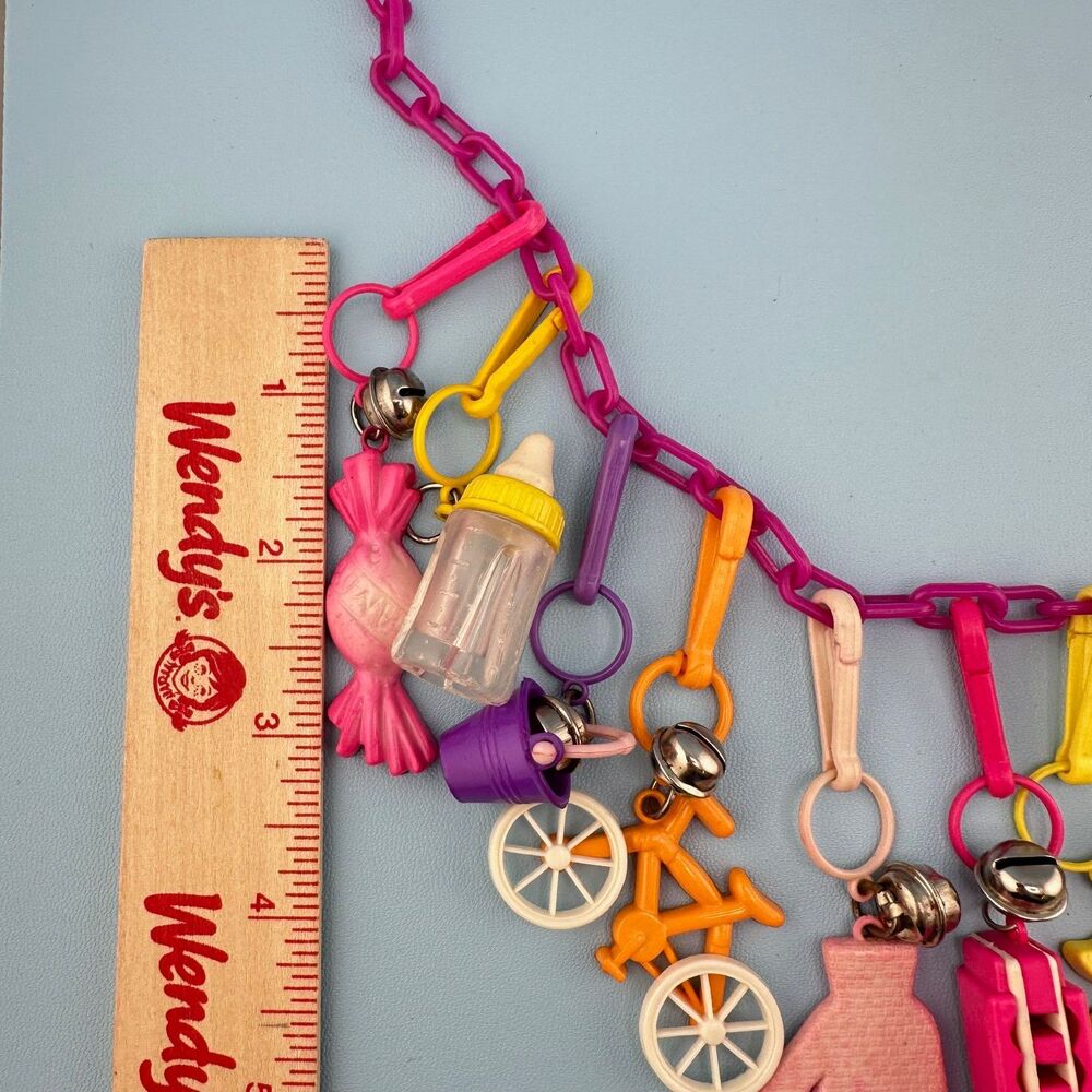 1980s Vintage Bell Clip Charm Necklace 19 Plastic Charms Pink Chain Retro Kid - Picture 10 of 14